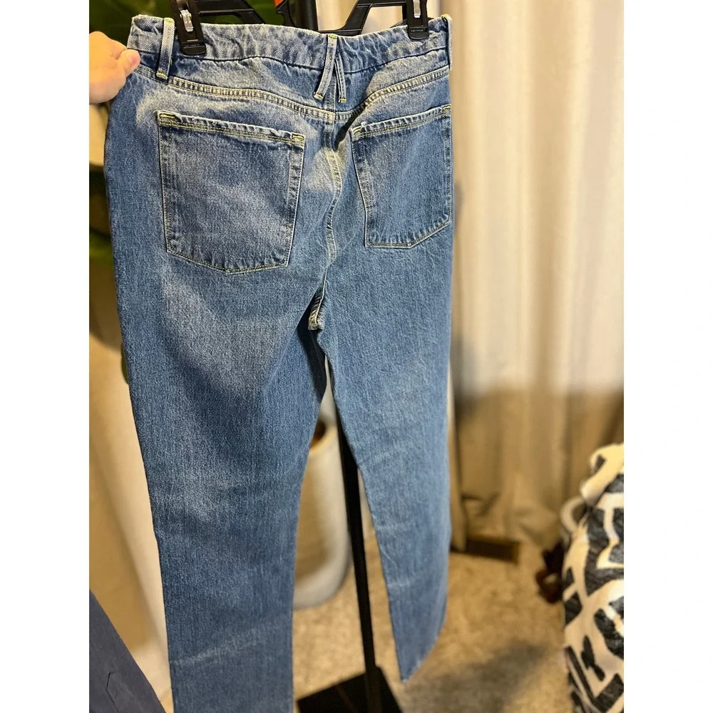 Good American High Rise Straight Leg Jeans Medium Wash Blue Size 12/31 Split Hem